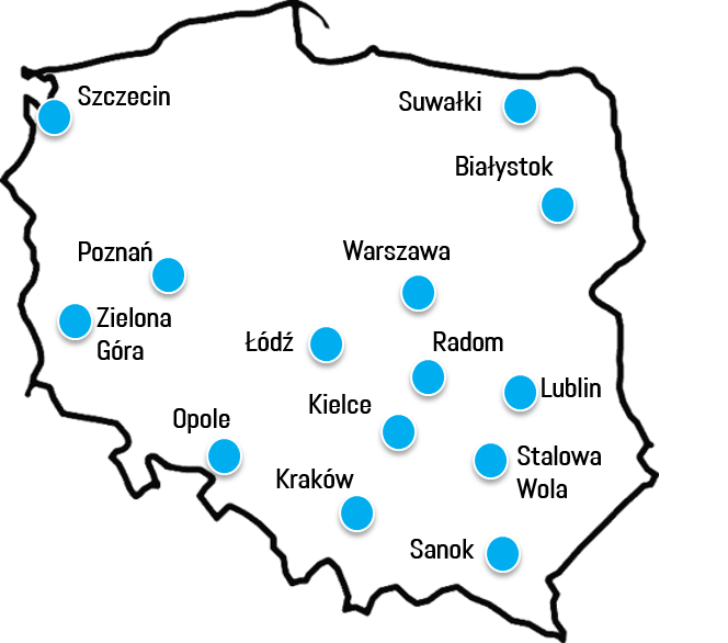 Na obrazku mapa konturowa Polski z zaznaczonymi miejscami wydarzeń.