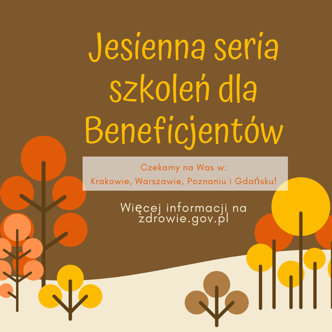 Na obrazku graficzne zaproszenie na szkolenia dla Beneficjentów w kolorystyce jesieni